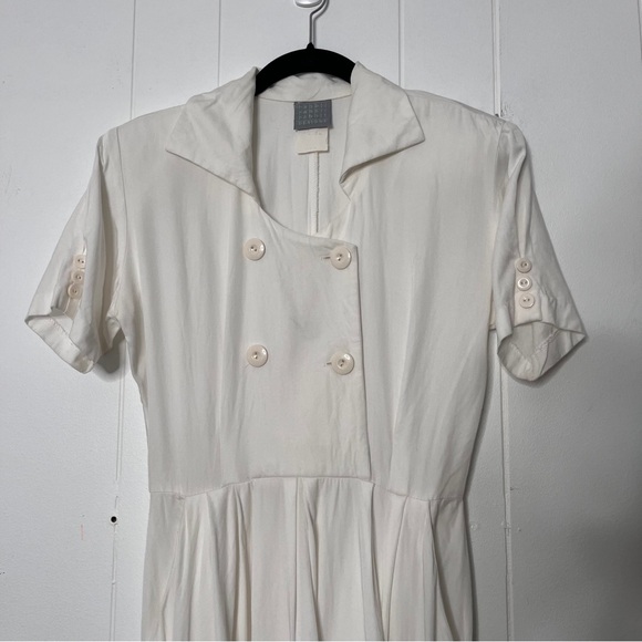 Vintage White Double-Breasted Midi Dress with pleated full skirt Retro Women 4 - Picture 3 of 9